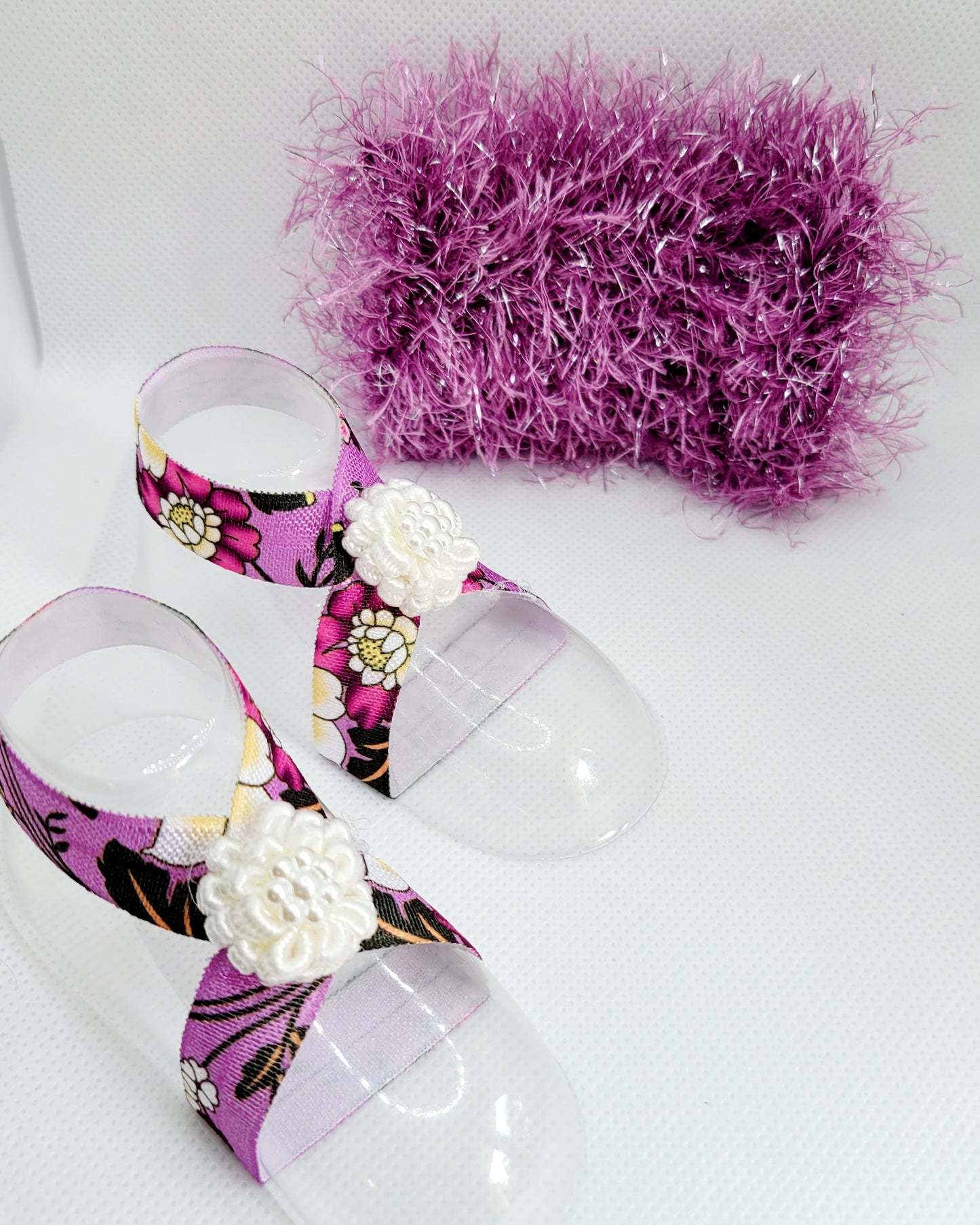 Purple Fuzzy Bow with Floral Barefoot Sandals (Set)