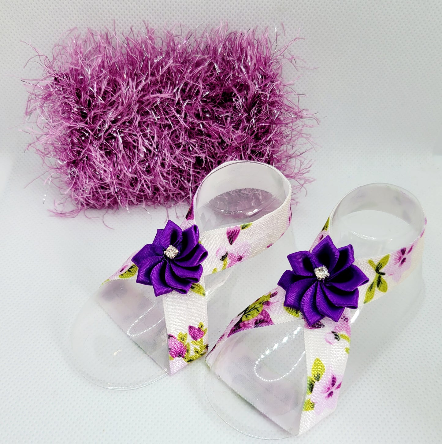 Purple Fuzzy Bow with Floral Barefoot Sandals (Set)