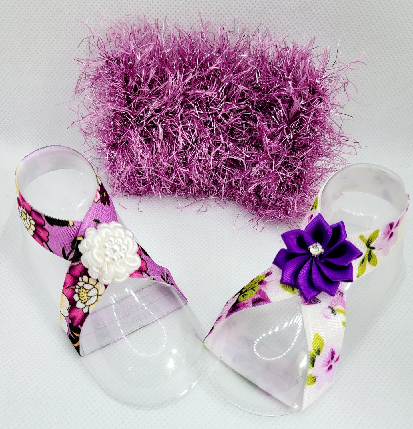 Purple Fuzzy Bow with Floral Barefoot Sandals (Set)