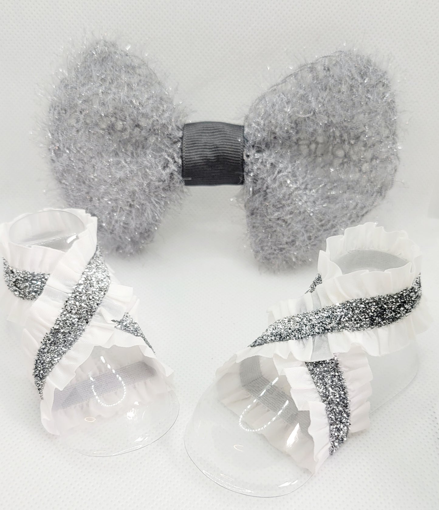 Silver and Gray Glitter with White and Silver Barefoot Sandals