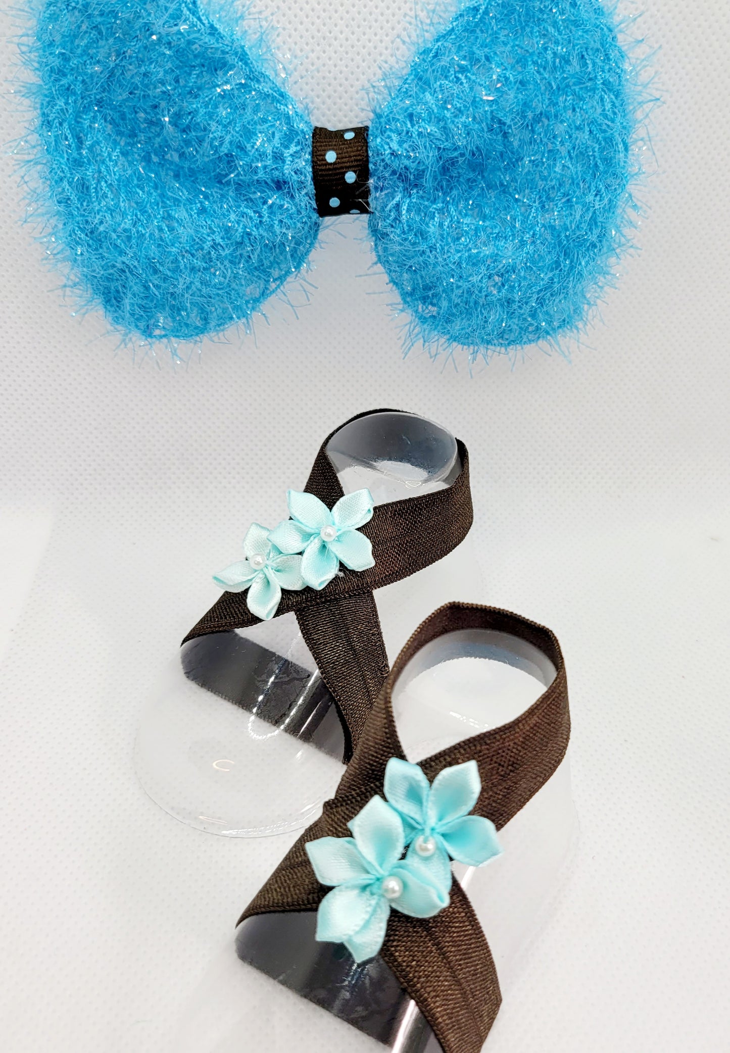 Blue and Brown Polka Dot Bow with Brown Barefoot Sandals (Set)