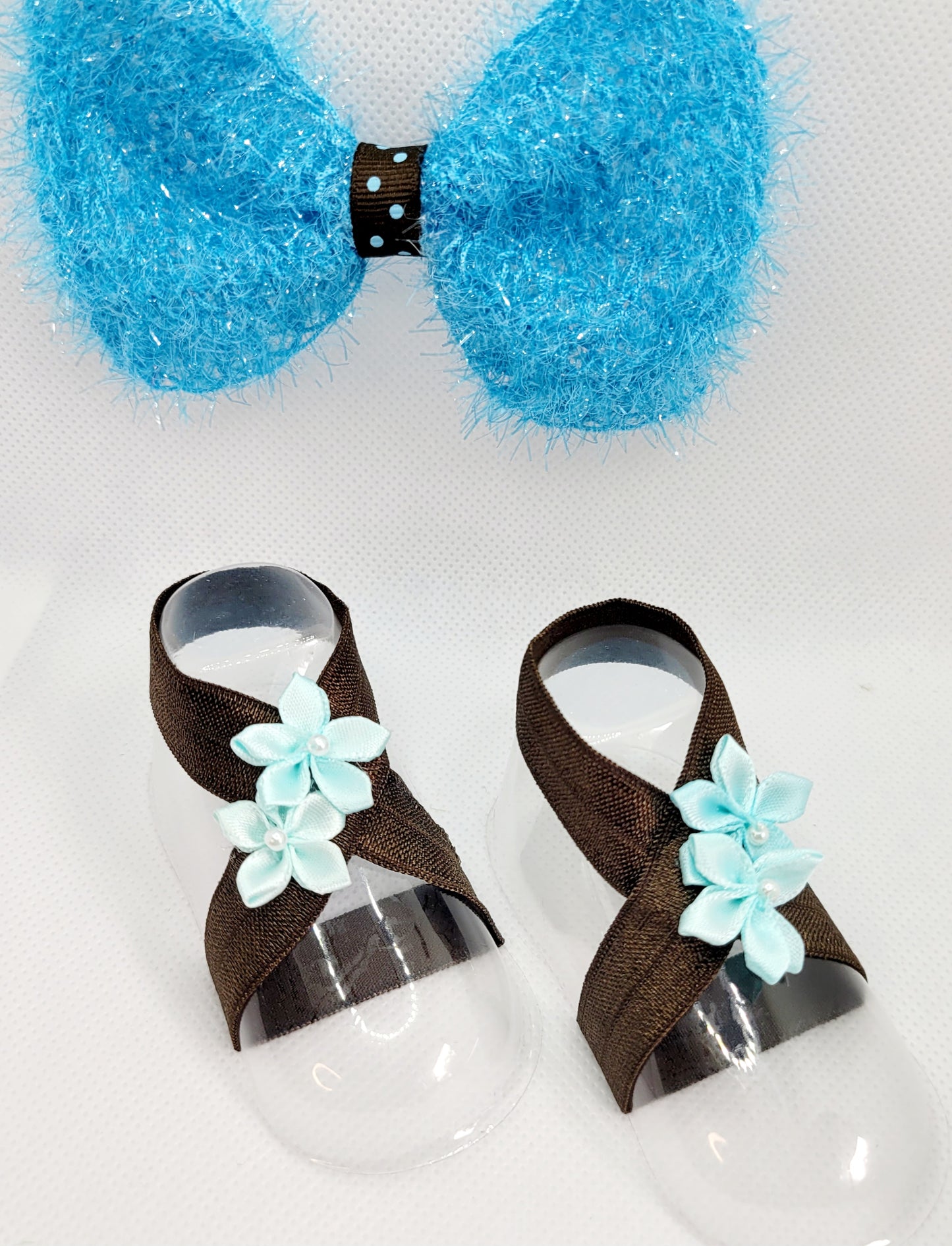 Blue and Brown Polka Dot Bow with Brown Barefoot Sandals (Set)
