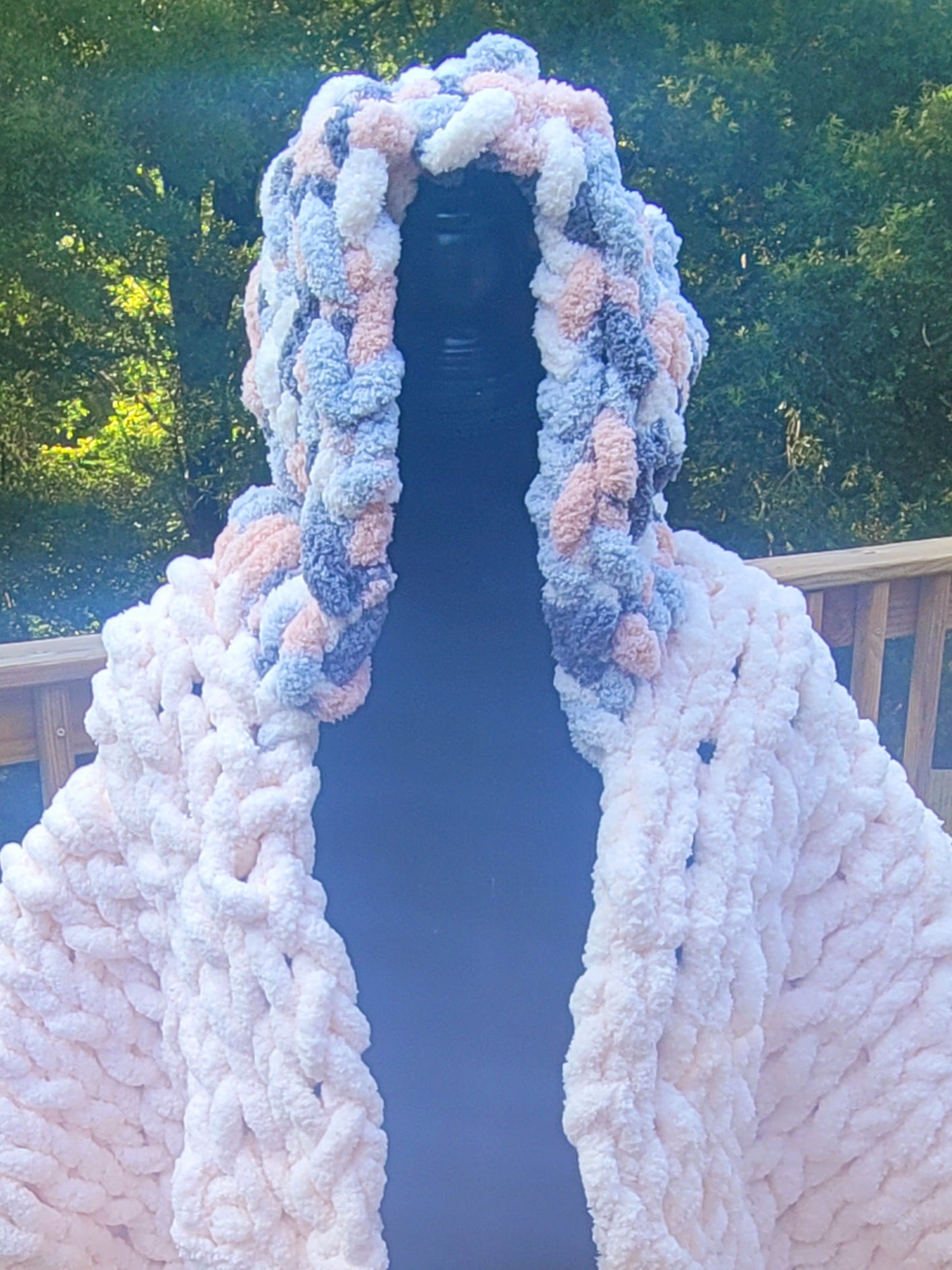 Pink and Grey Hooded Cropped Chunky Knit Blanket Sweater