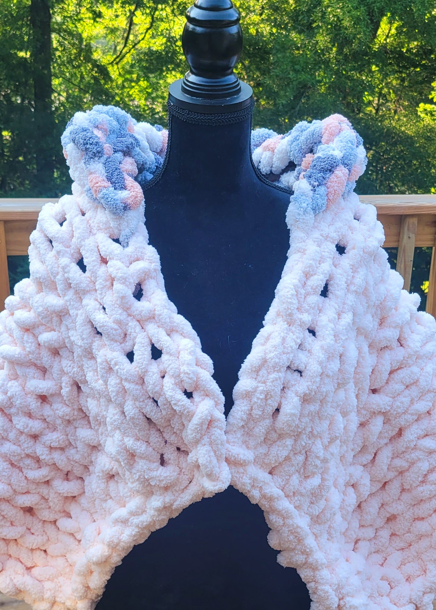 Pink and Grey Hooded Cropped Chunky Knit Blanket Sweater
