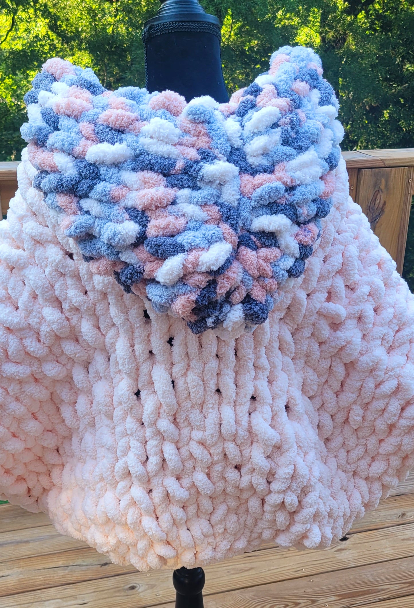 Pink and Grey Hooded Cropped Chunky Knit Blanket Sweater