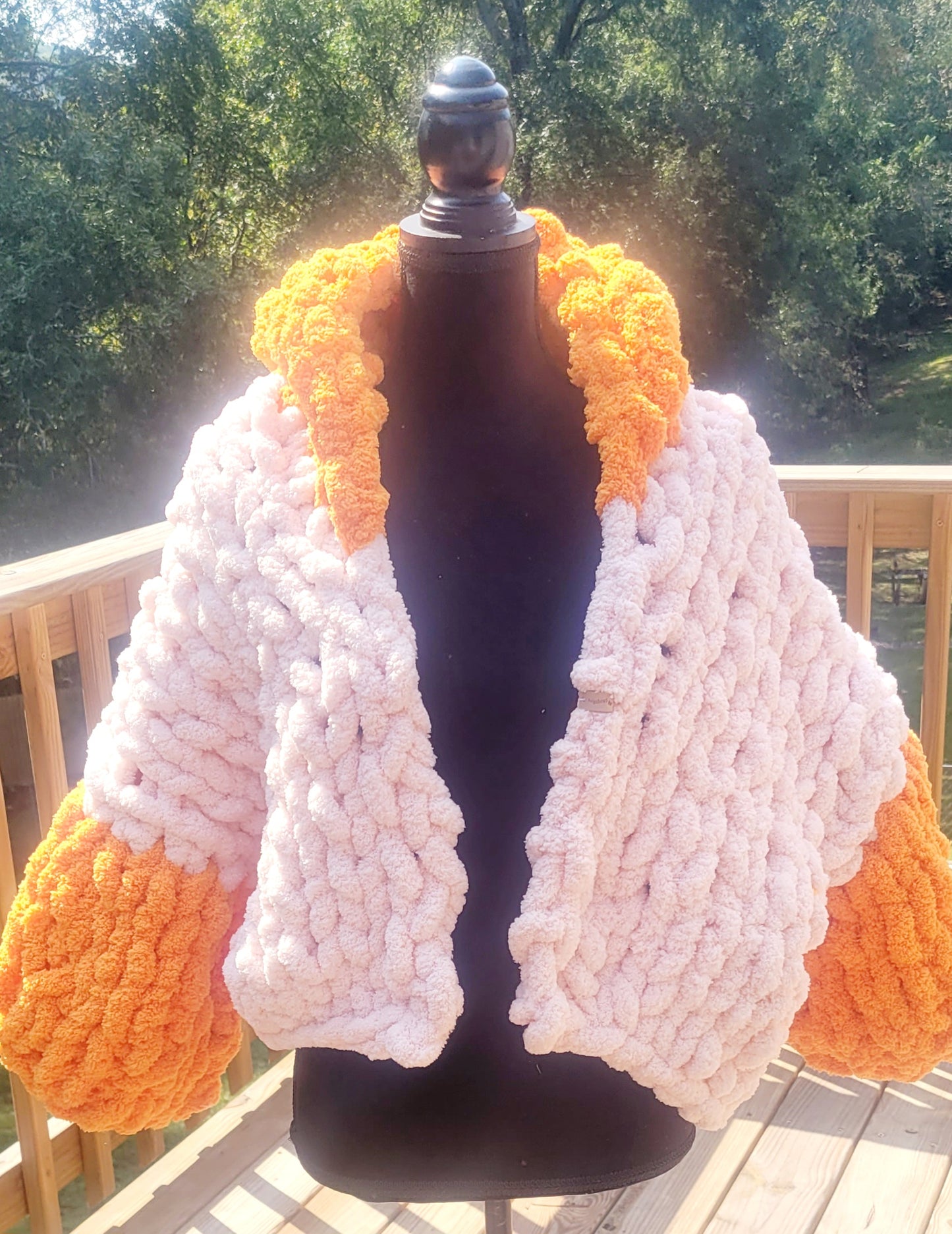 Pink and Orange Chunky Knit Hooded Cropped Sweater