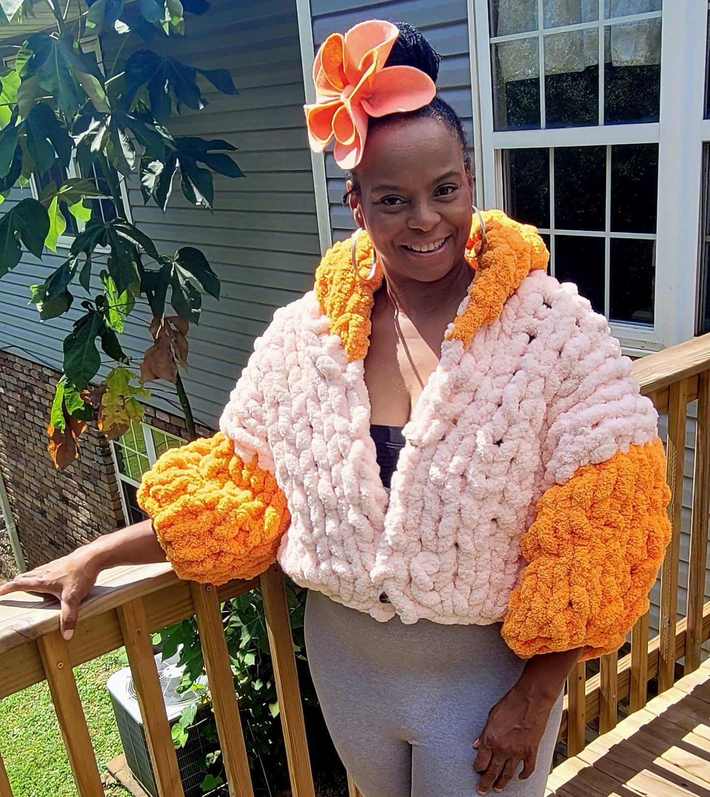 Pink and Orange Chunky Knit Hooded Cropped Sweater