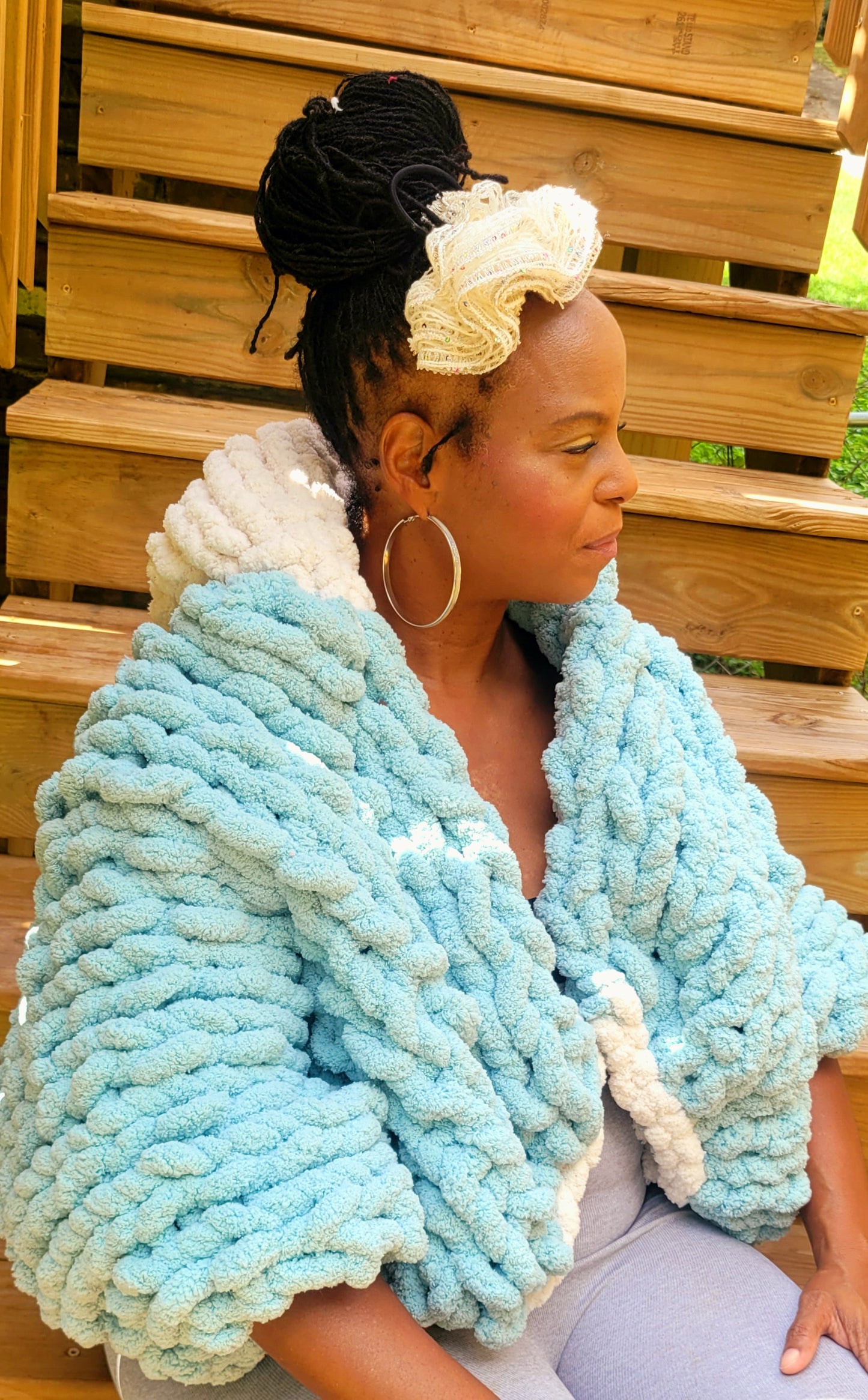 Aqua and Cream Cropped Handmade Knit Blanket Jacket