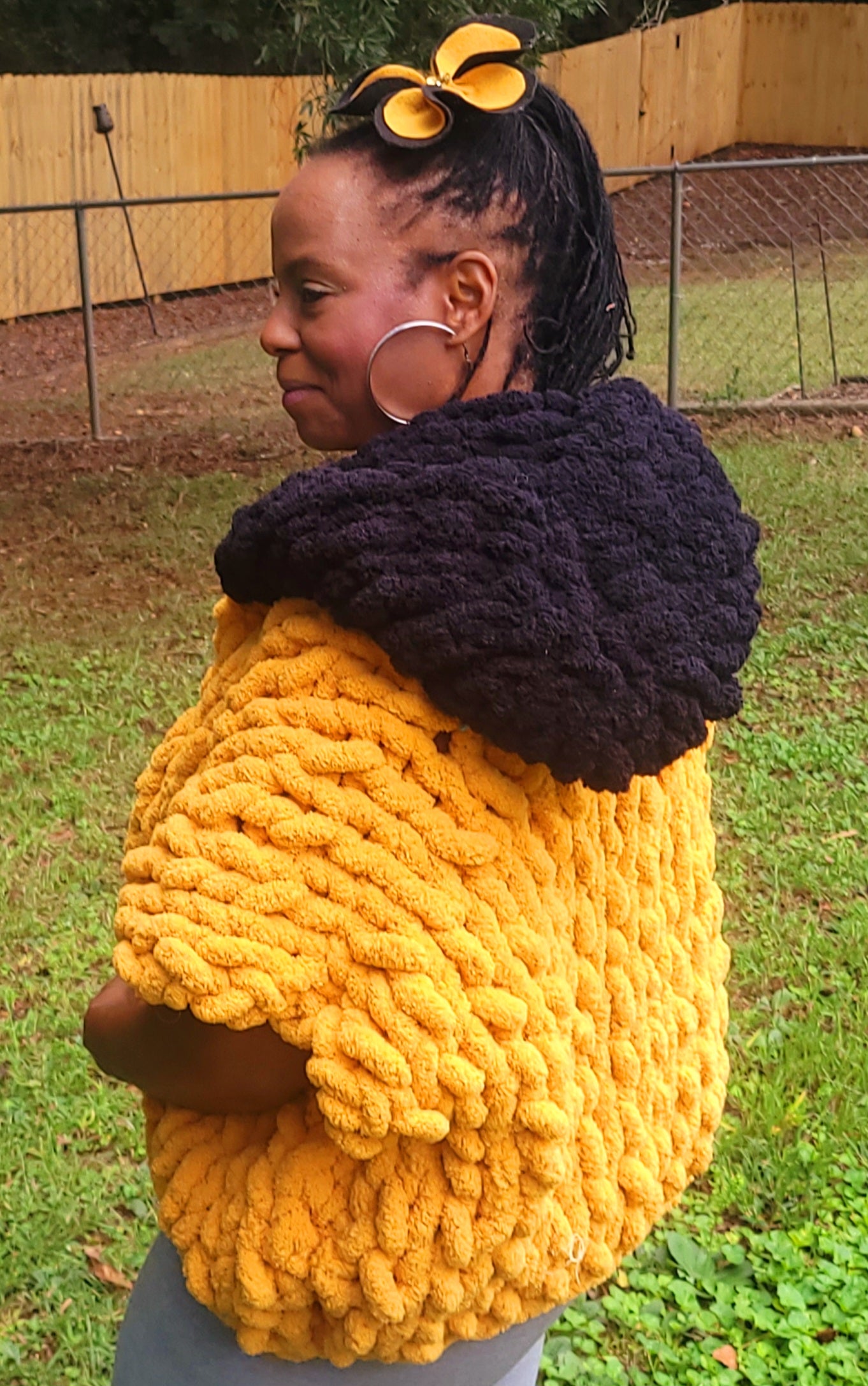 Mustard Yellow and Black Cropped Hooded Knit Jacket