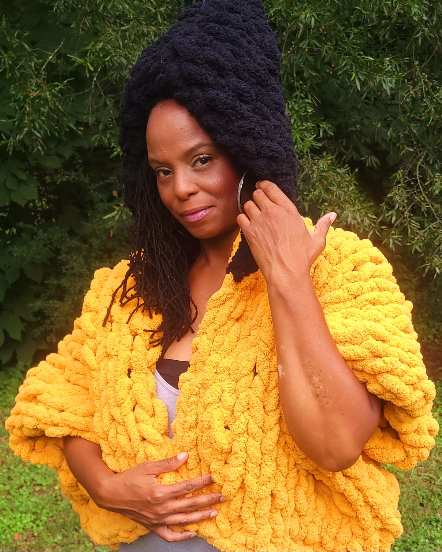 Mustard Yellow and Black Cropped Hooded Knit Jacket