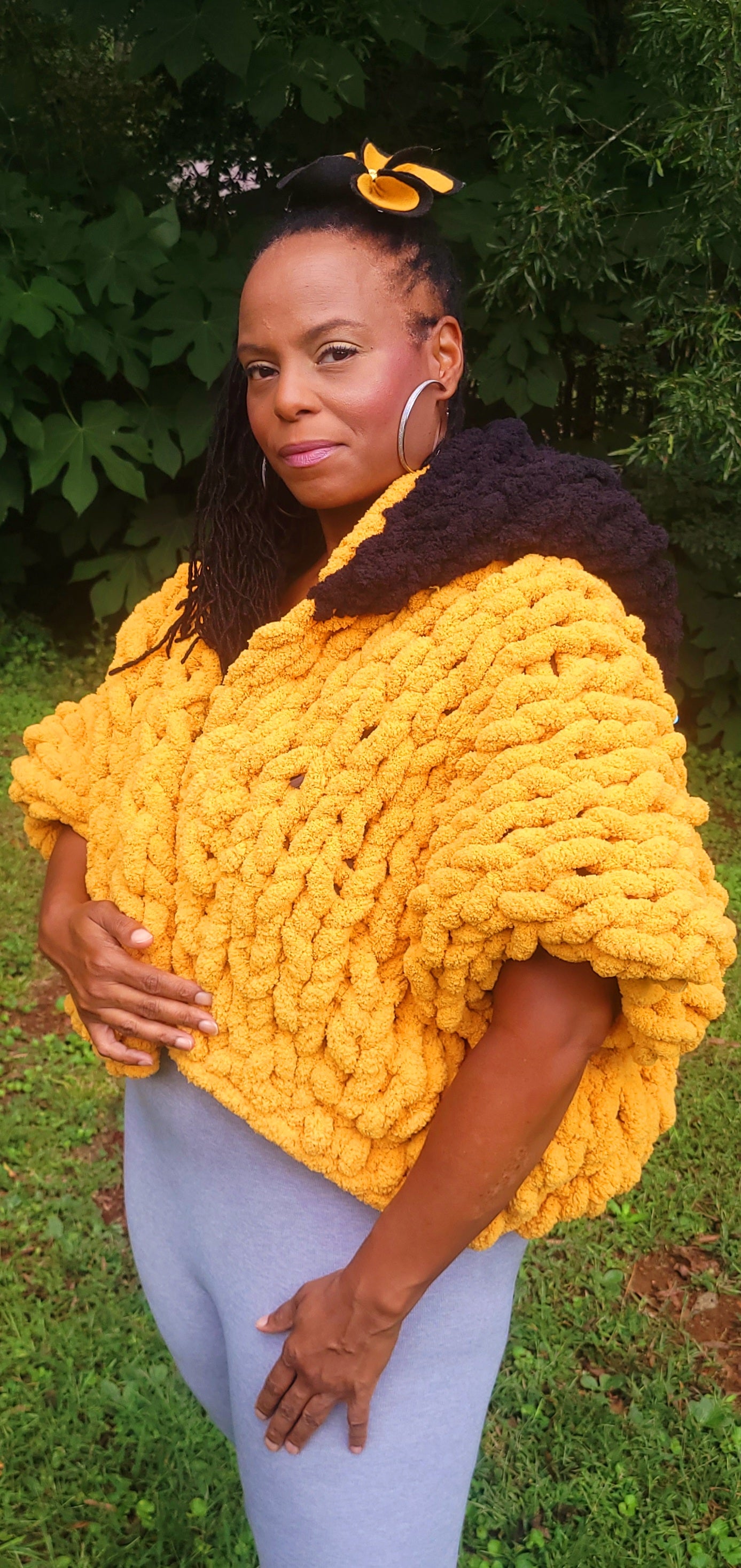 Mustard Yellow and Black Cropped Hooded Knit Jacket