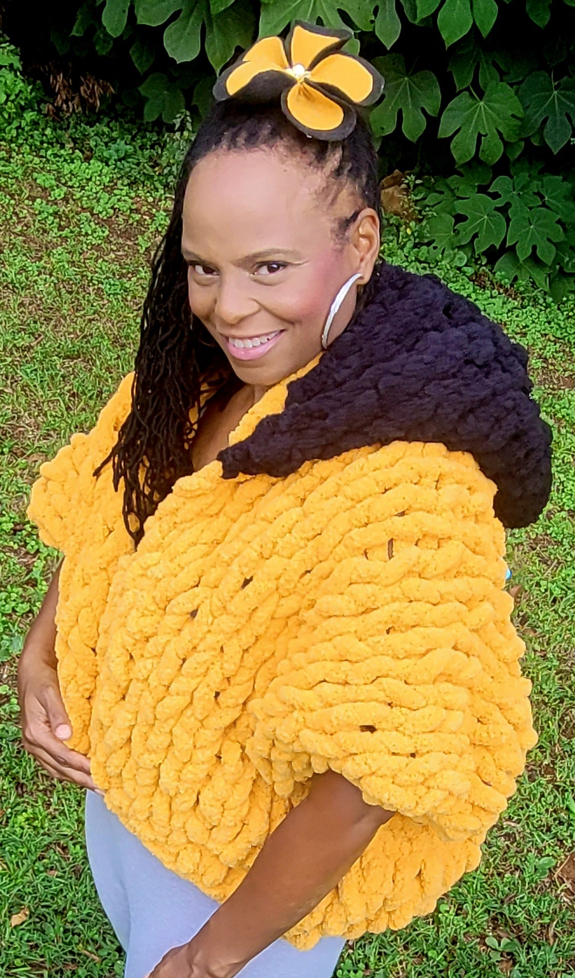 Mustard Yellow and Black Cropped Hooded Knit Jacket