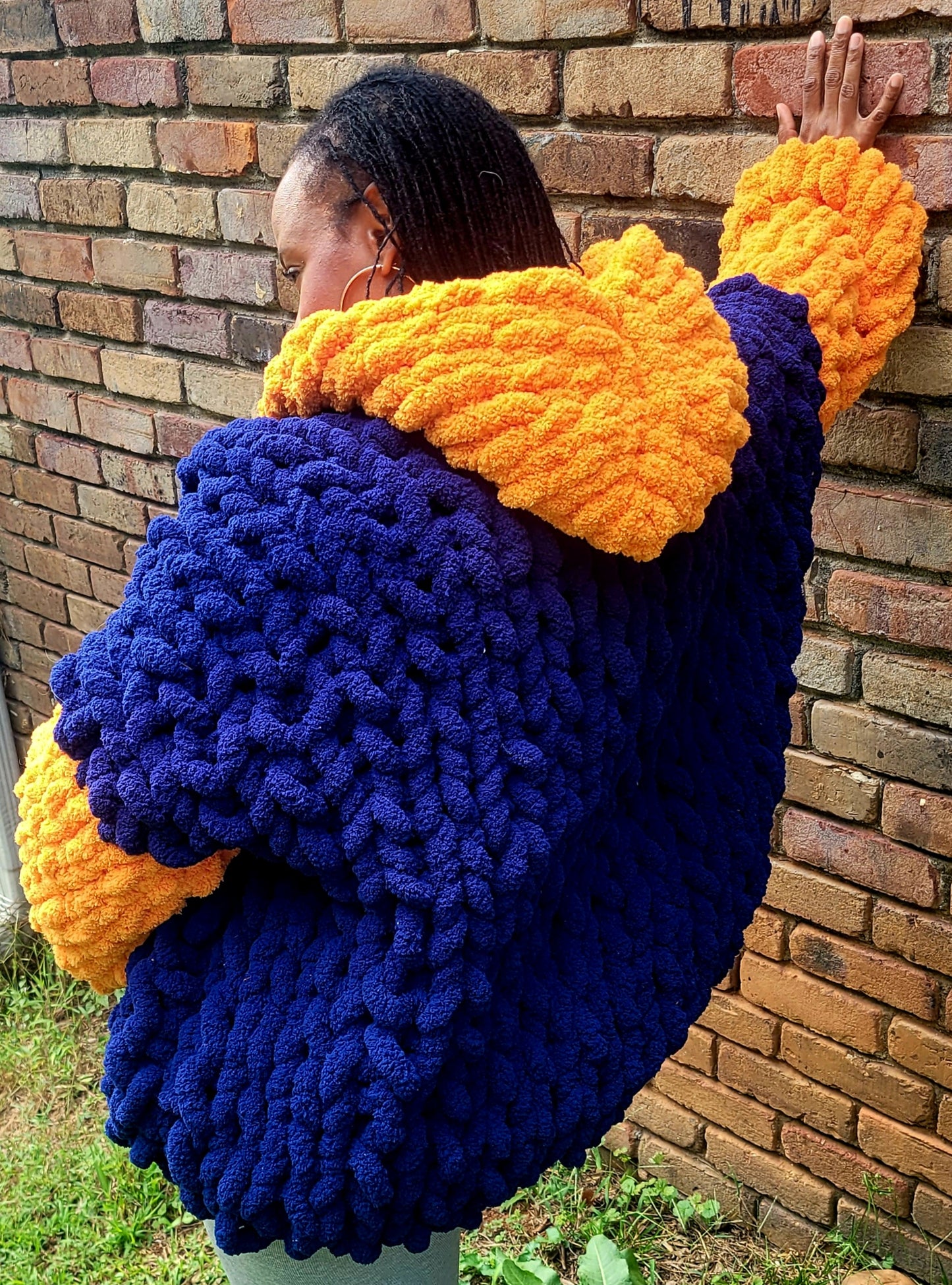 Blue and Orange Chunky Knit Blanket Jacket