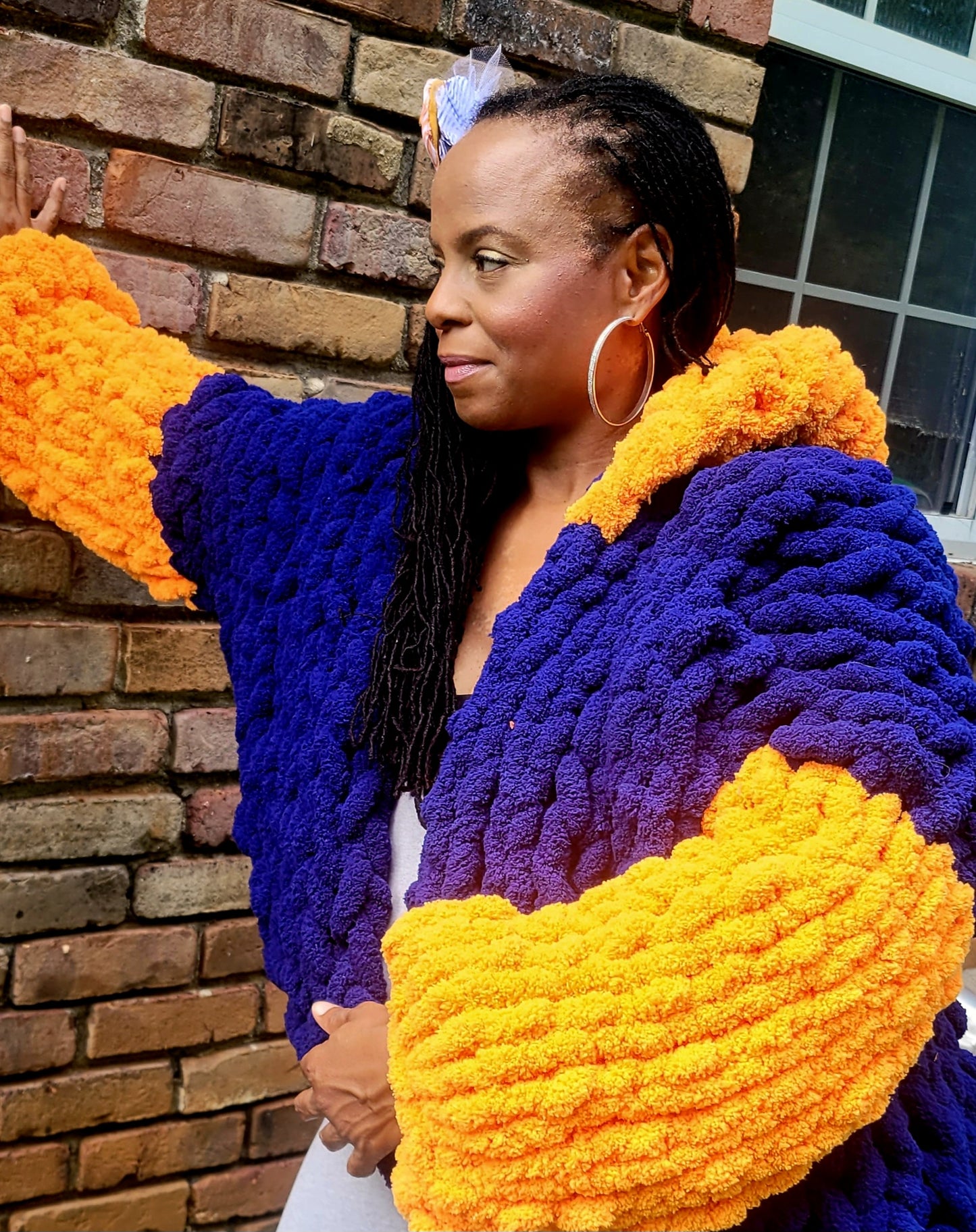 Blue and Orange Chunky Knit Blanket Jacket