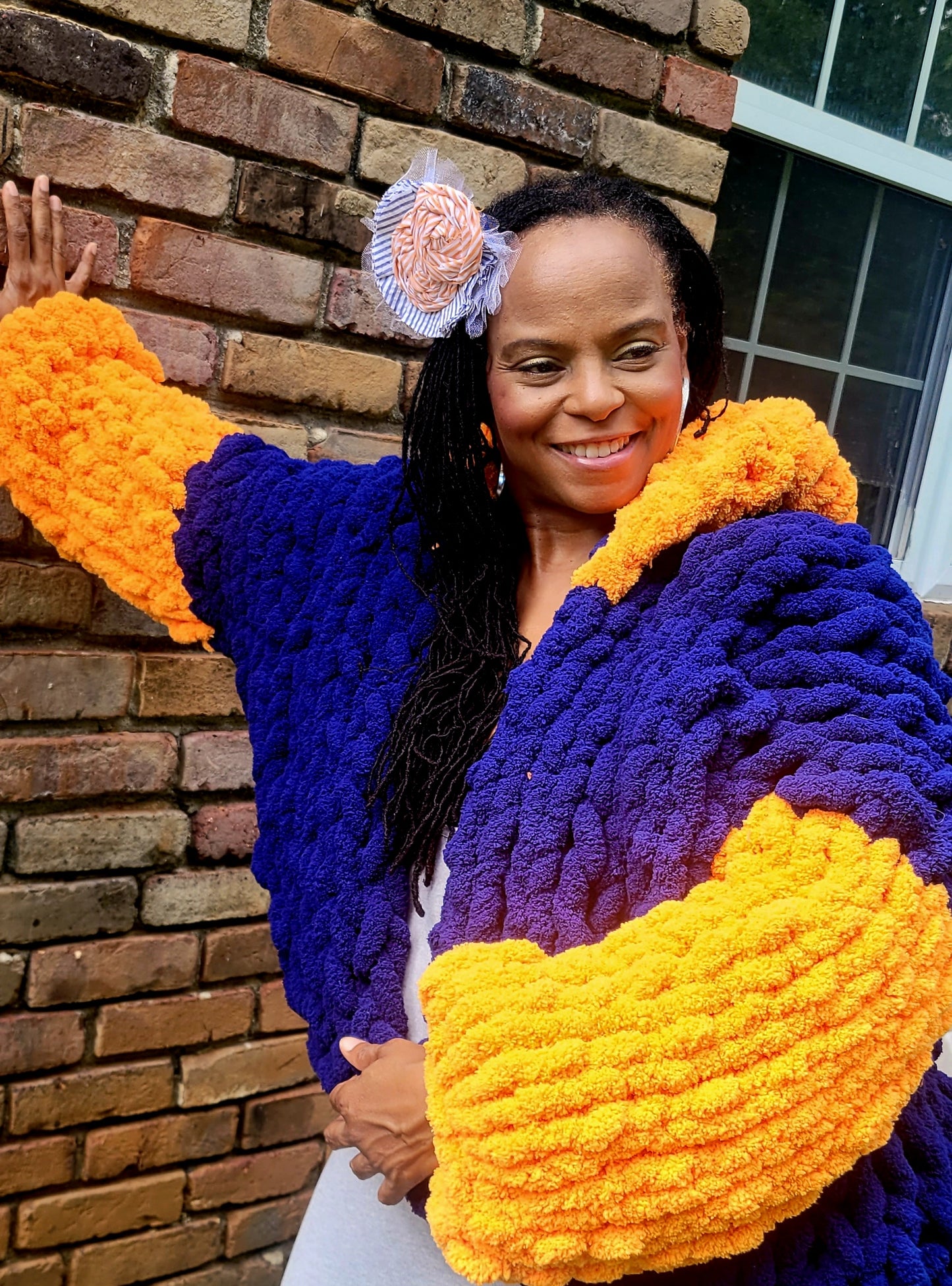 Blue and Orange Chunky Knit Blanket Jacket