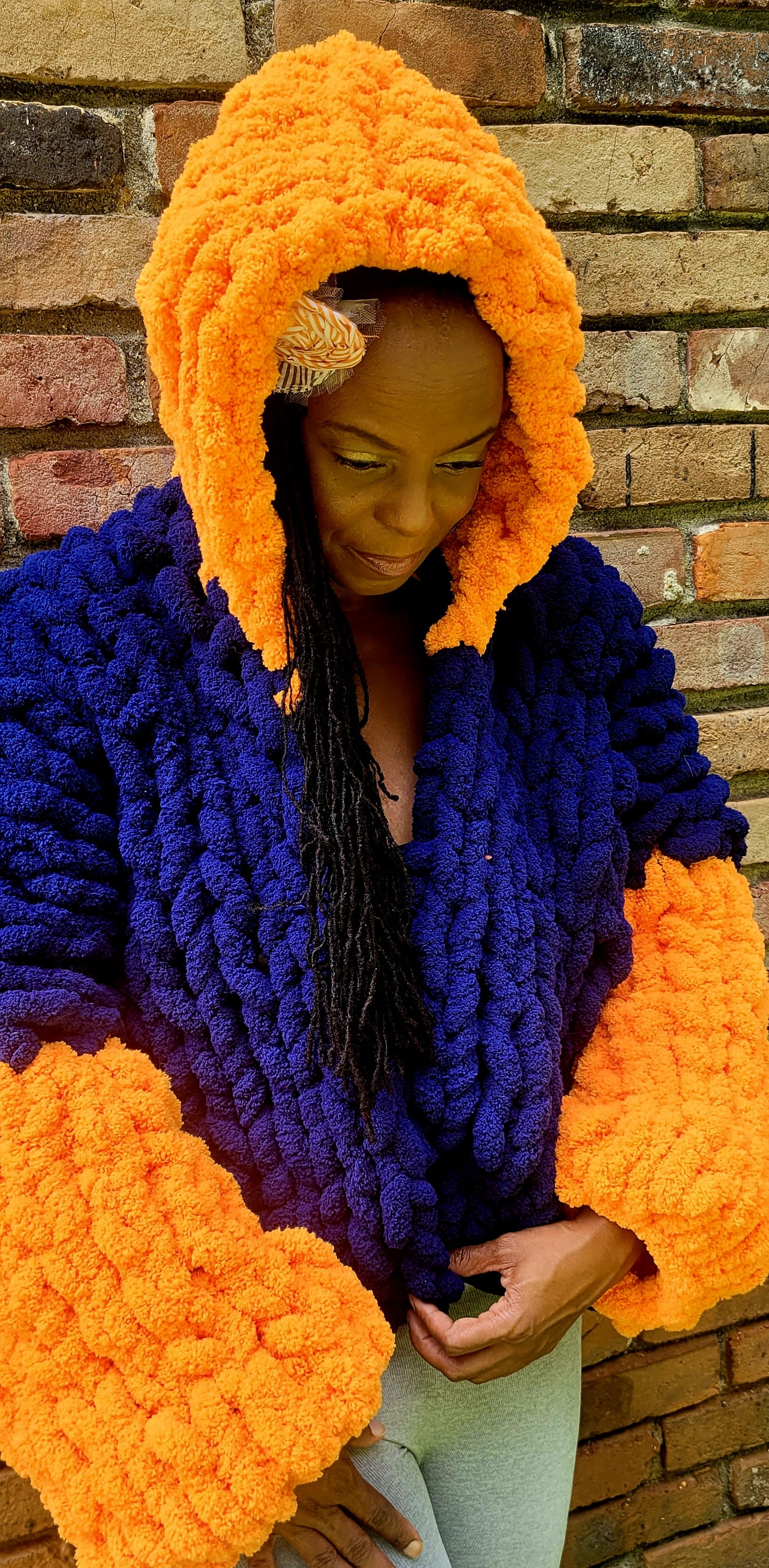Blue and Orange Chunky Knit Blanket Jacket