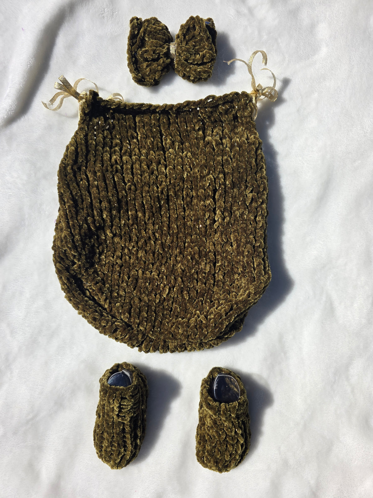 Olive Green and Gold Baby Romper with Bow and Booties