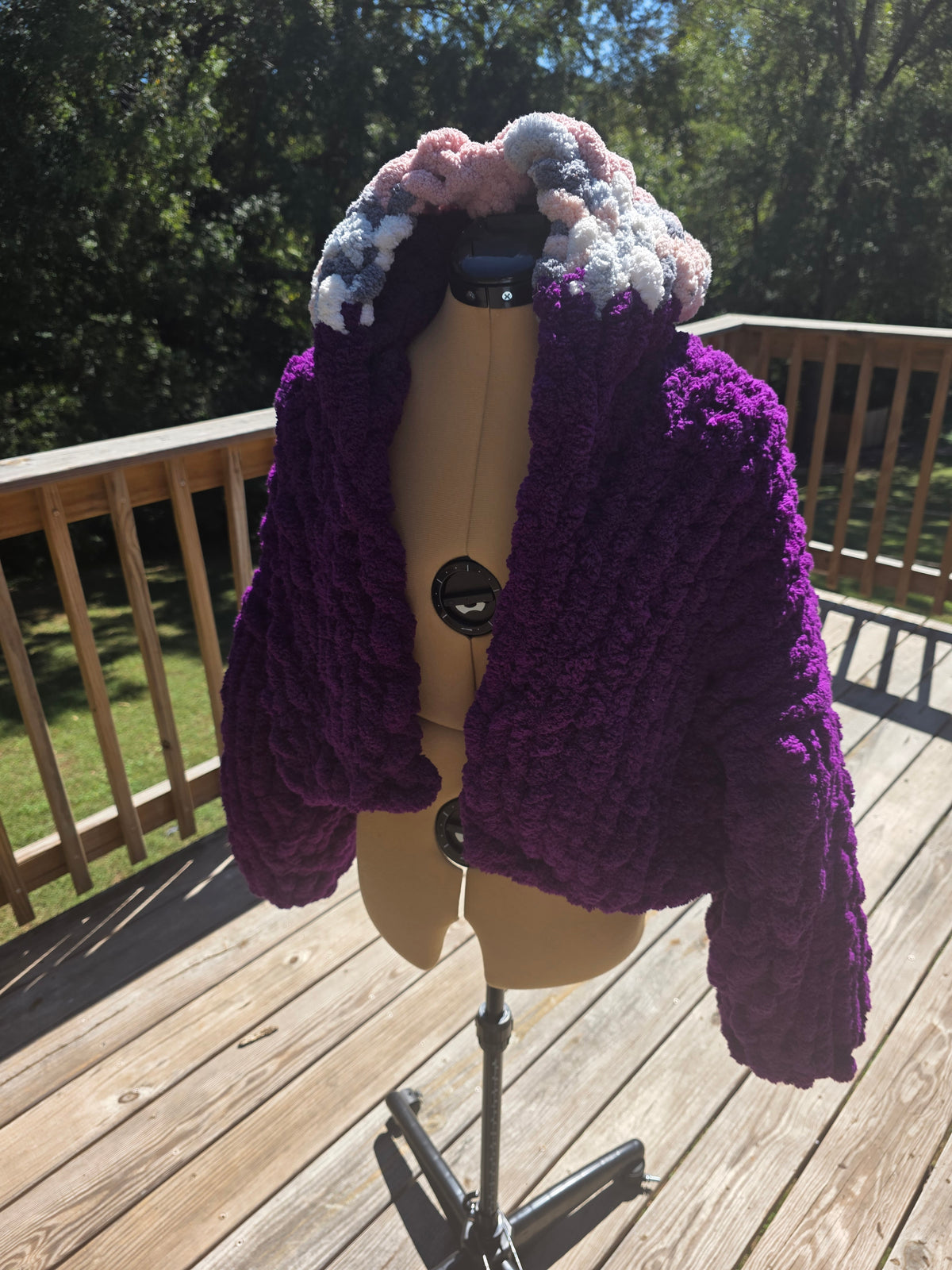 Purple Hooded Short Chunky Knit Jacket With Sleeves