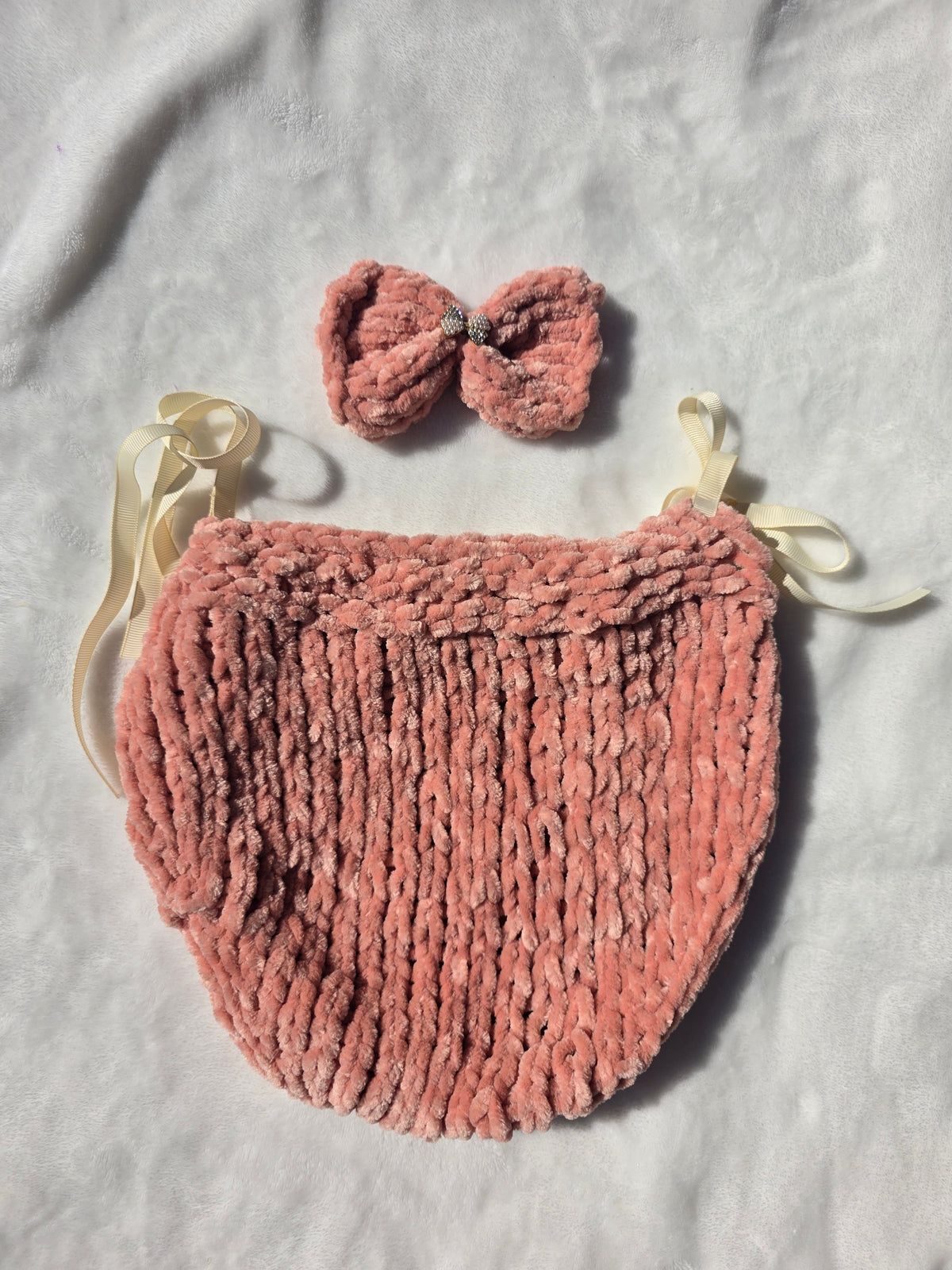 Pink and Cream Velvet Romper and Bow