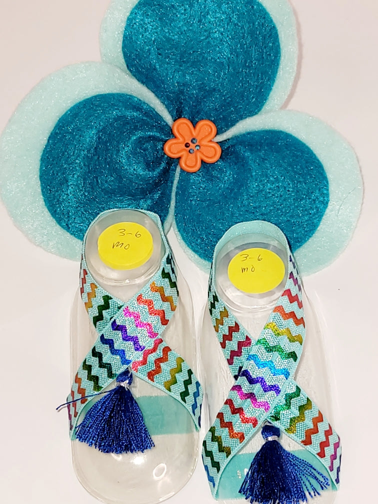 Turquoise Rainbow-Striped Ribbon Blue Tassel Barefoot Sandals