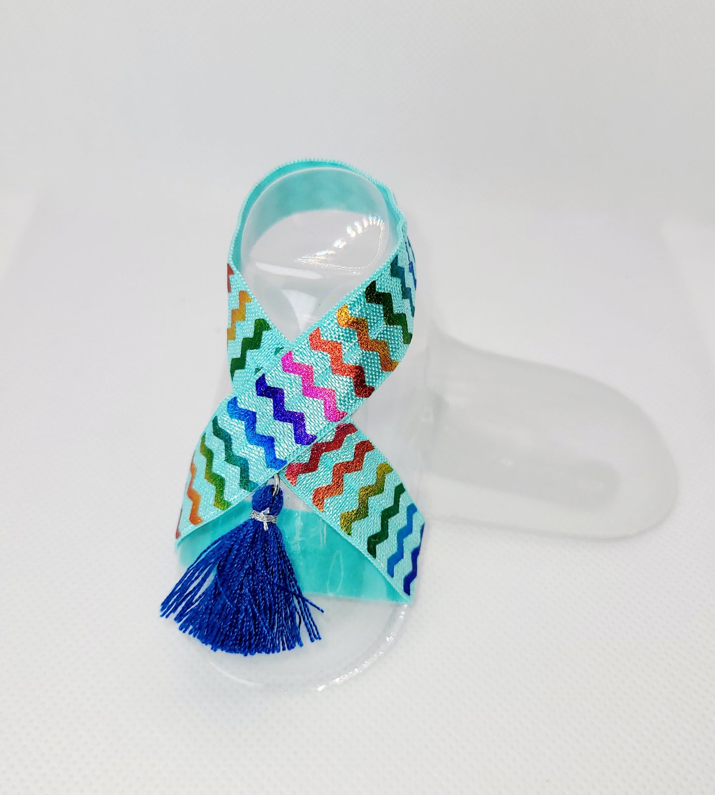 Turquoise Rainbow-Striped Ribbon Blue Tassel Barefoot Sandals