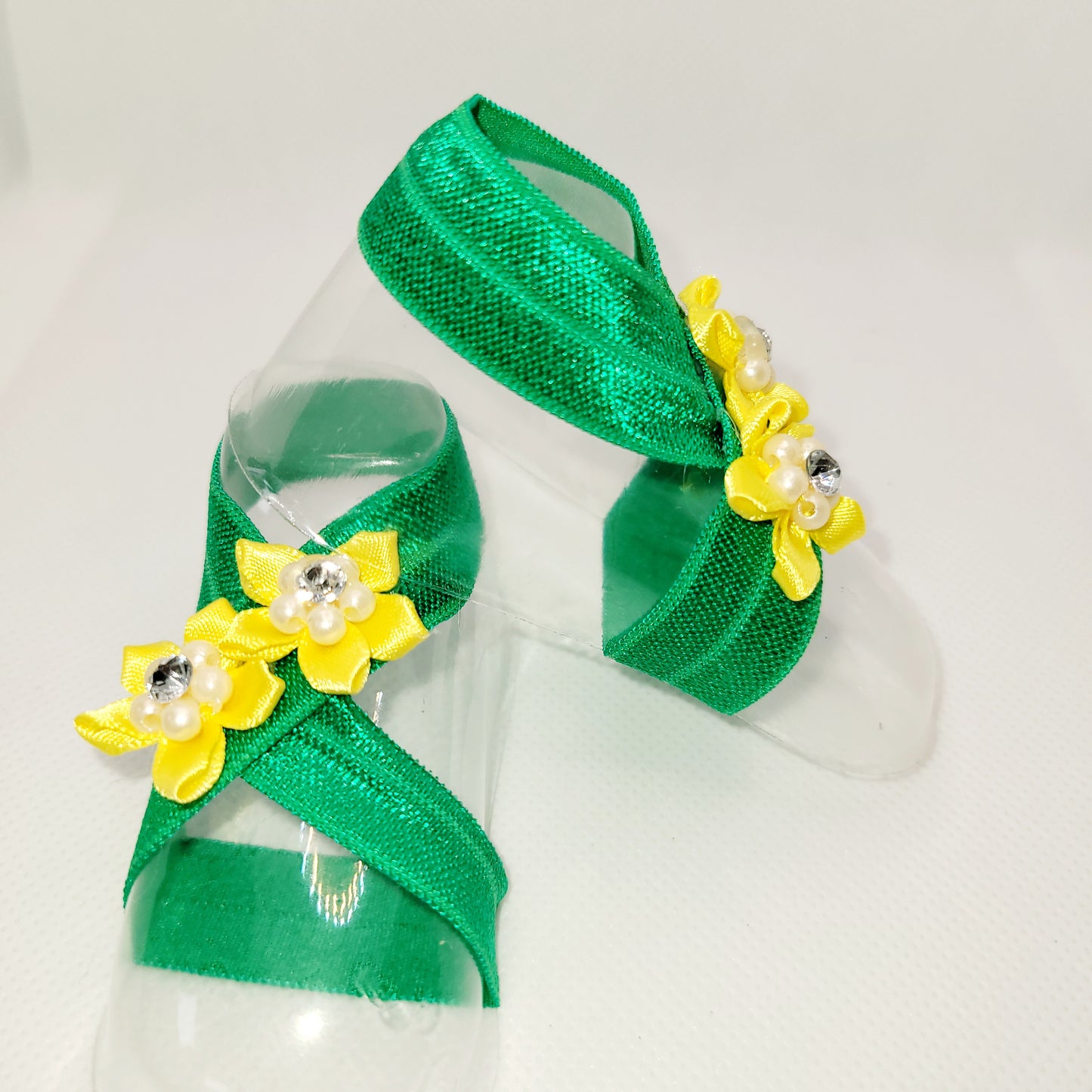 Green Barefoot Sandal with Yellow Flower with Pearls