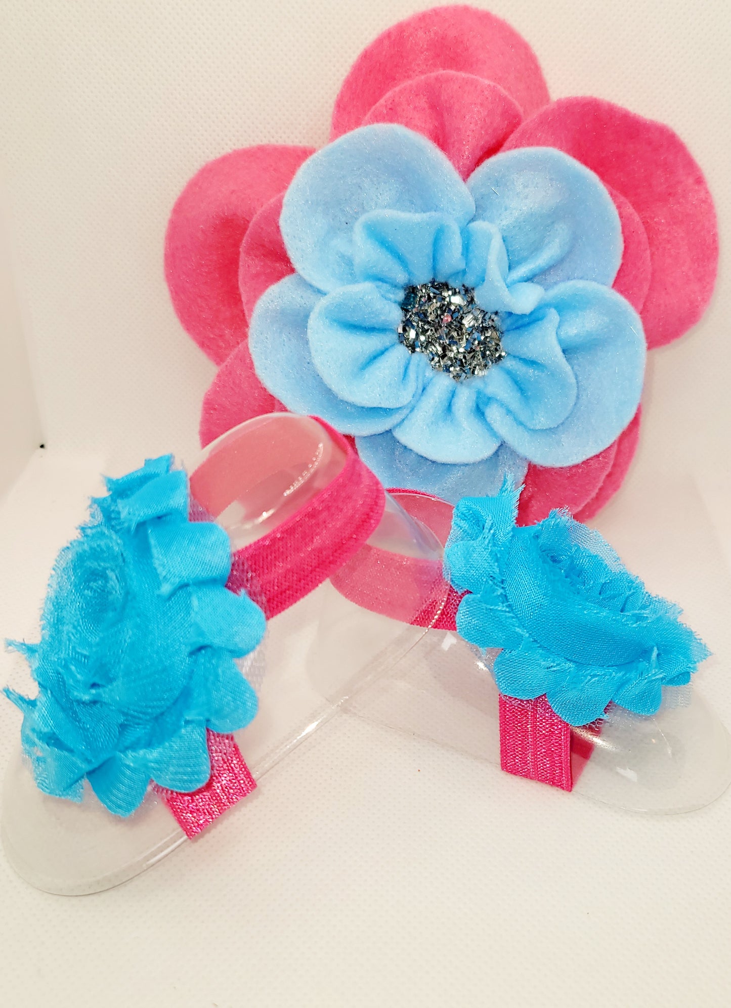 Pink and Blue Bow with Pink and Blue Barefoot Sandals