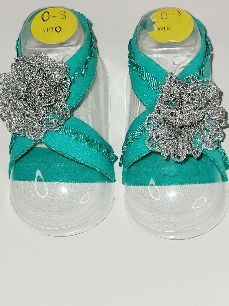 Turquoise Ribbon Silver Flower Bow Barefoot Sandals