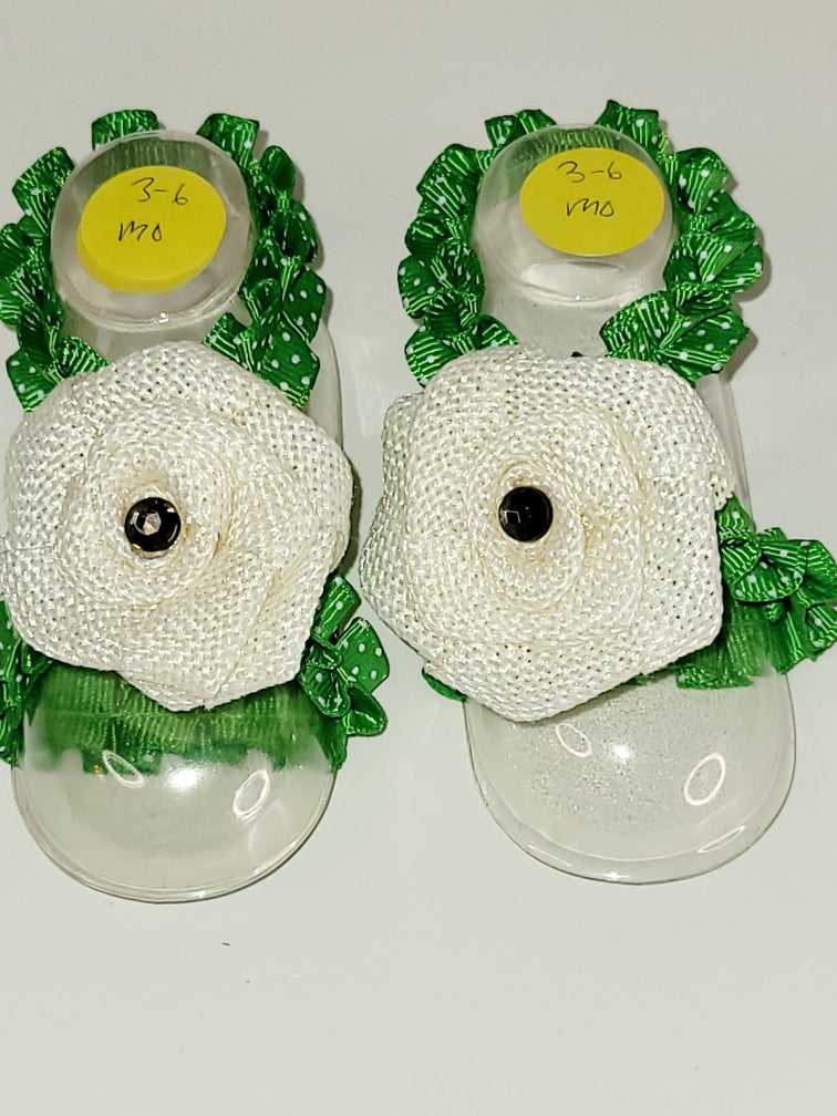 Green Polka Dot Ruffle Ribbon White Rose | Barefoot Sandals