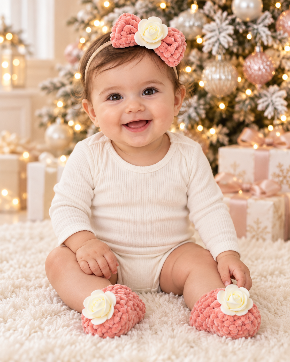 Peach Velvet Bootie and Bow