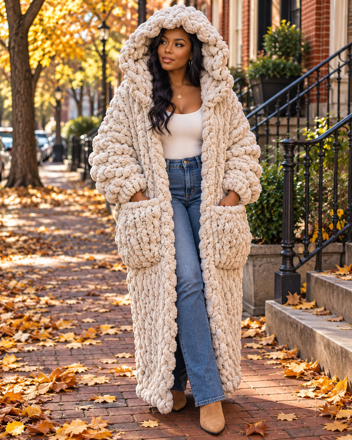Cream Sleevless Hooded Jacket with Deep Pockets