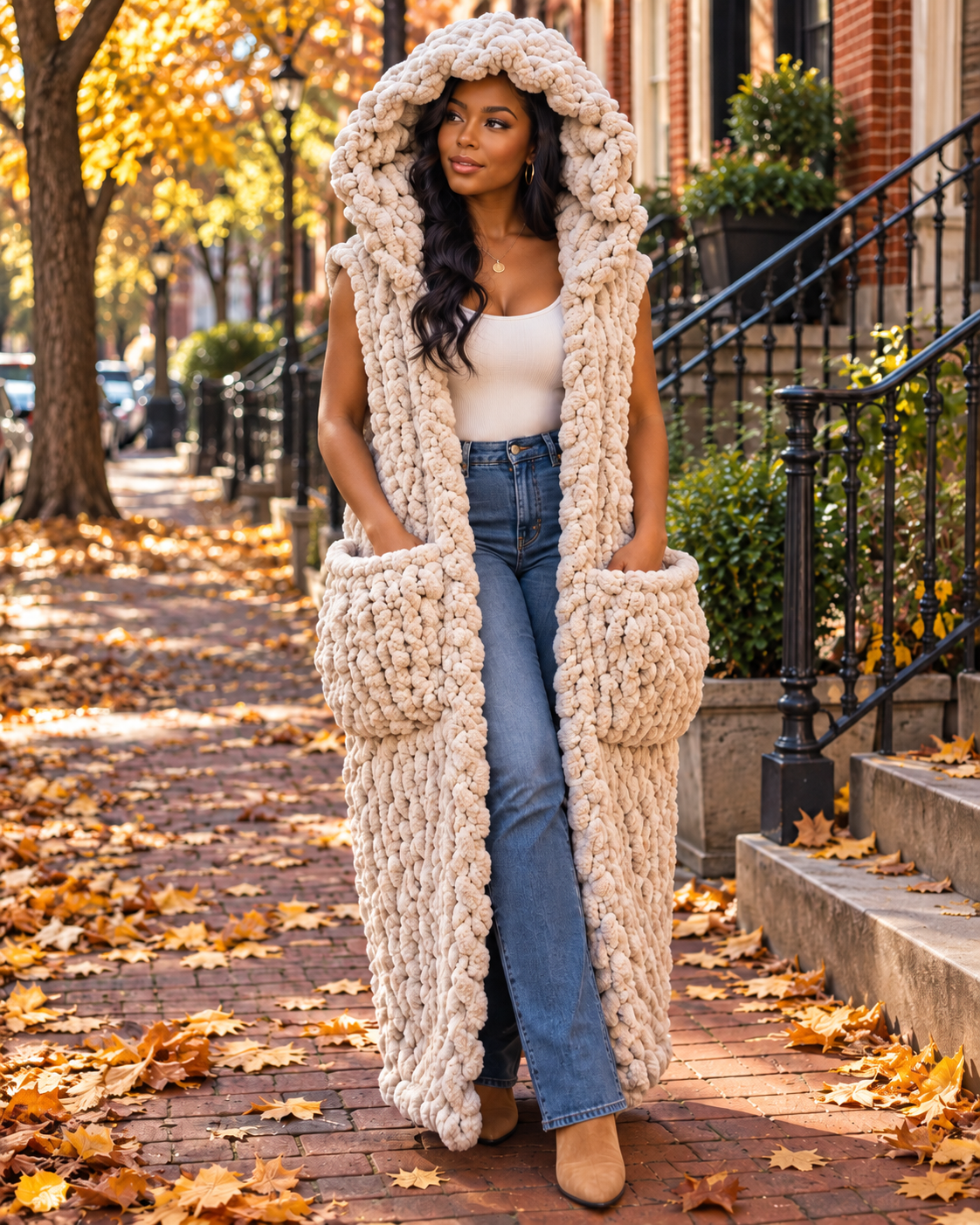 Cream Sleevless Hooded Jacket with Deep Pockets