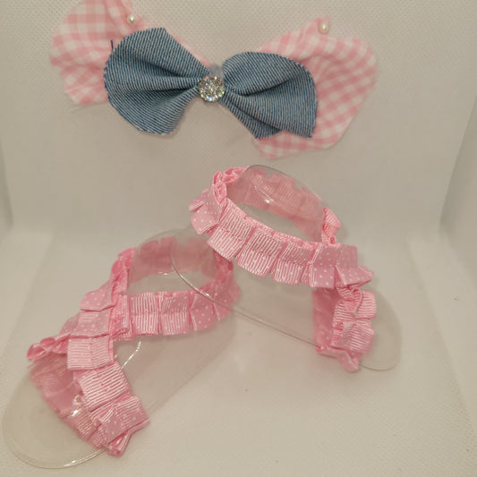 Pink and White Gingham and Denim Bow