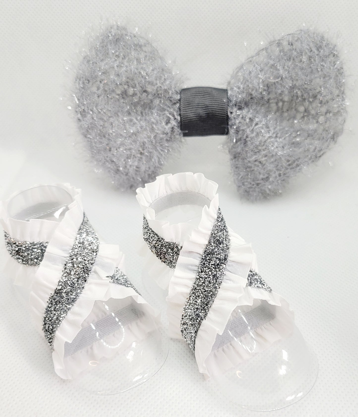 Silver and Gray Glitter with White and Silver Barefoot Sandals