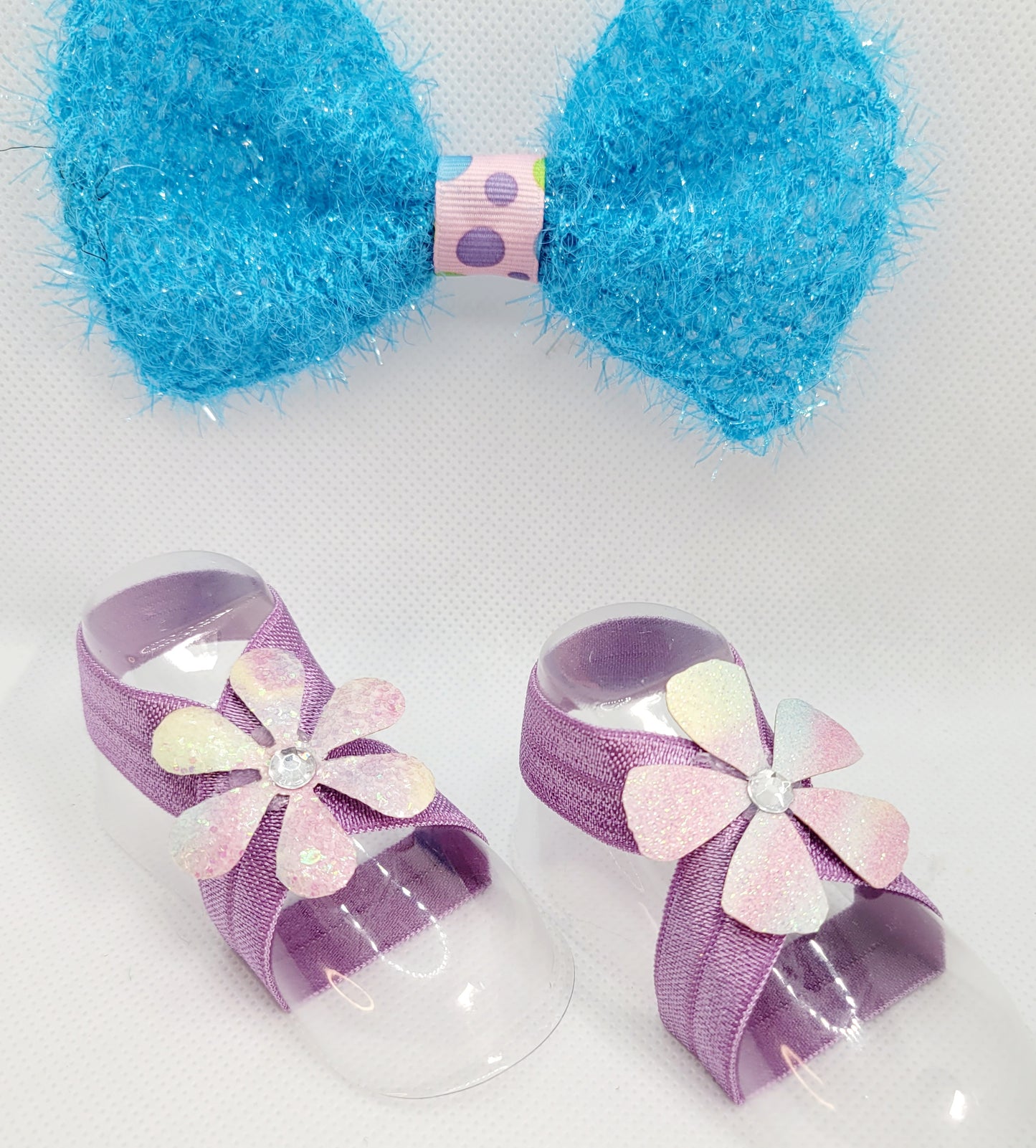 Blue and Lavendar Polka Dot Glitter Bow with Lavendar Barefoot Sandals (Set)