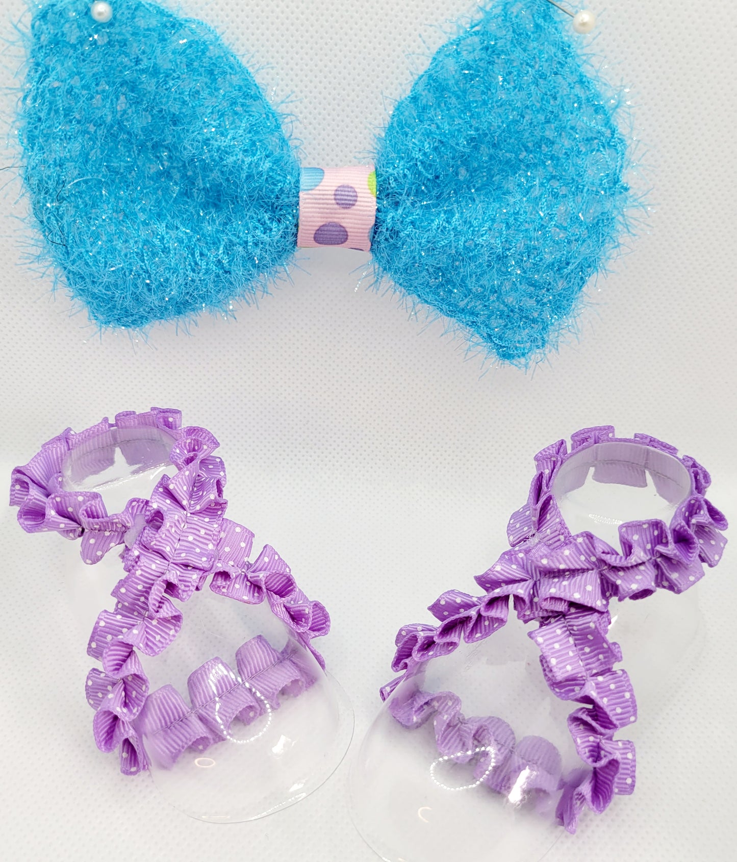 Blue and Lavendar Polka Dot Glitter Bow with Lavendar Barefoot Sandals (Set)