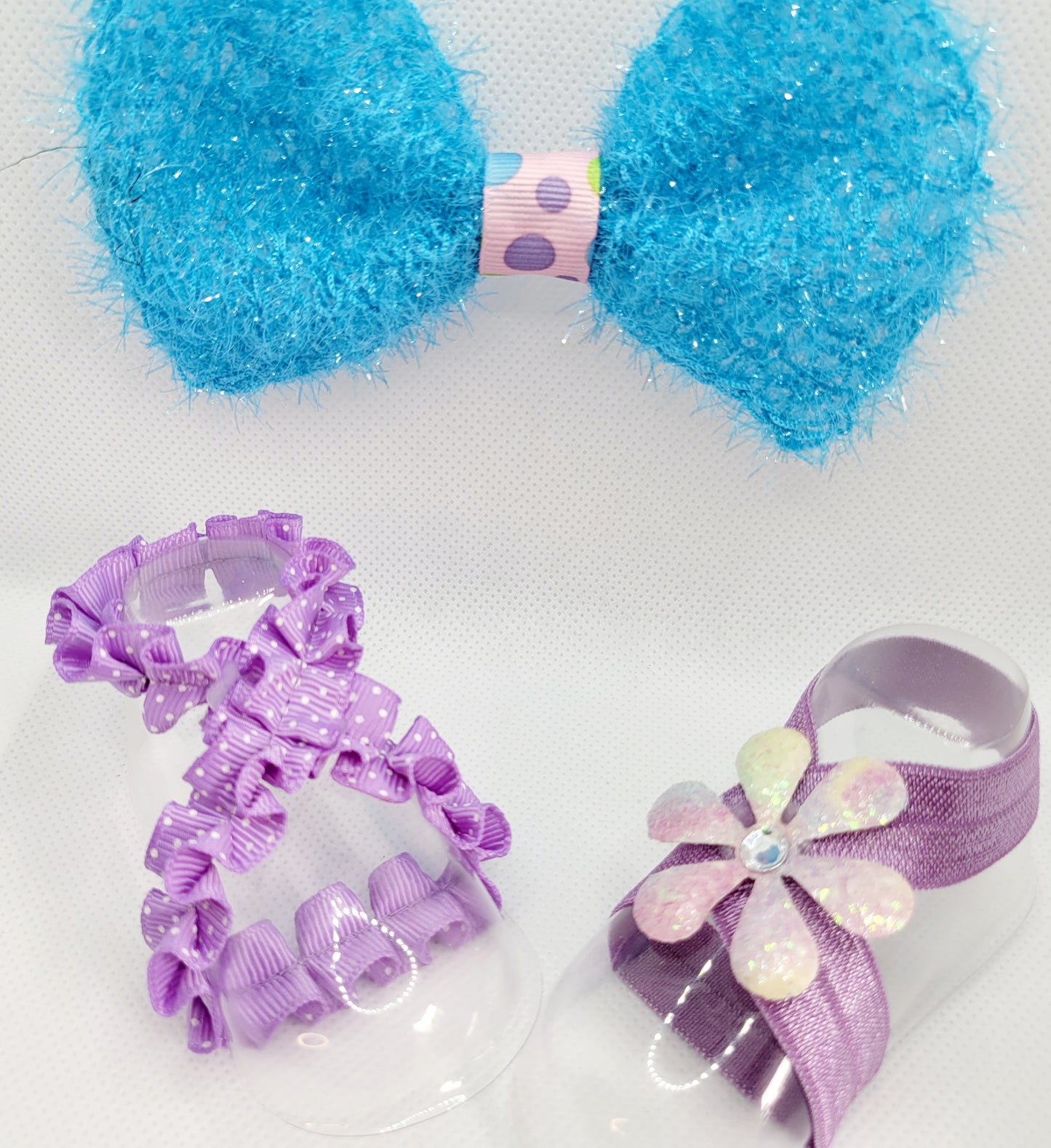 Blue and Lavendar Polka Dot Glitter Bow with Lavendar Barefoot Sandals (Set)