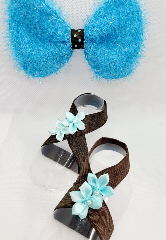 Blue and Brown Polka Dot Bow with Brown Barefoot Sandals