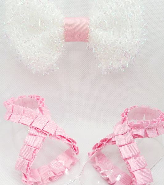 Pink and White Hairbow with Polka Dot Barefoot Sandals