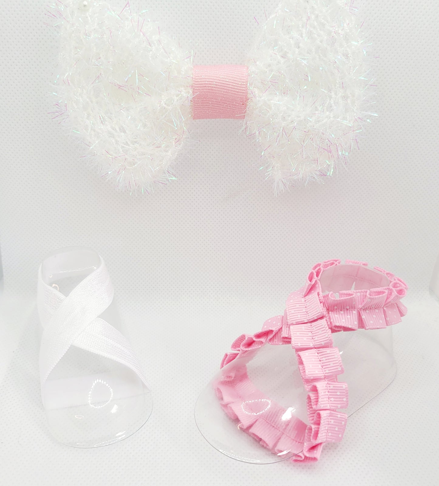 Pink and White Bow with Pink Polka Dot Barefoot Sandals (Set)