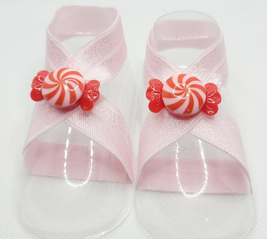 Peppermint Cotton Candy Pink Barefoot Sandals for the Holidays Baby 0-4 months old