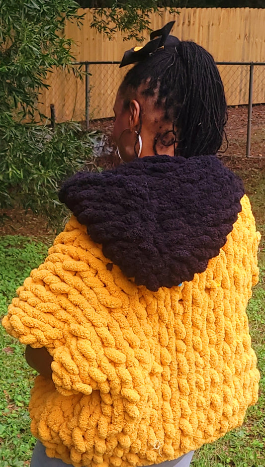 Mustard Yellow and Black Cropped Hooded Knit Jacket