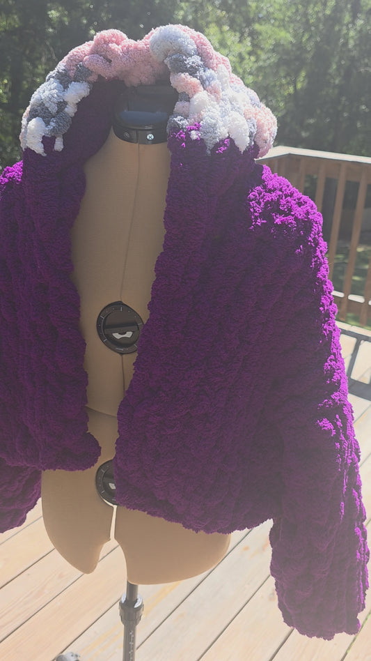 Purple Hooded Short Chunky Knit Jacket With Sleeves