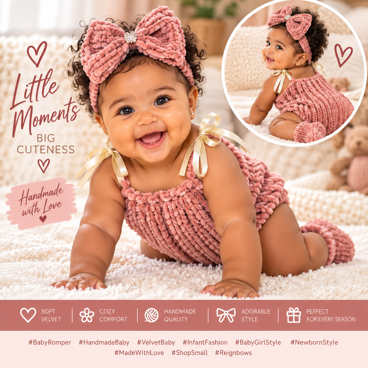 Pink and Cream Velvet Romper and Bow