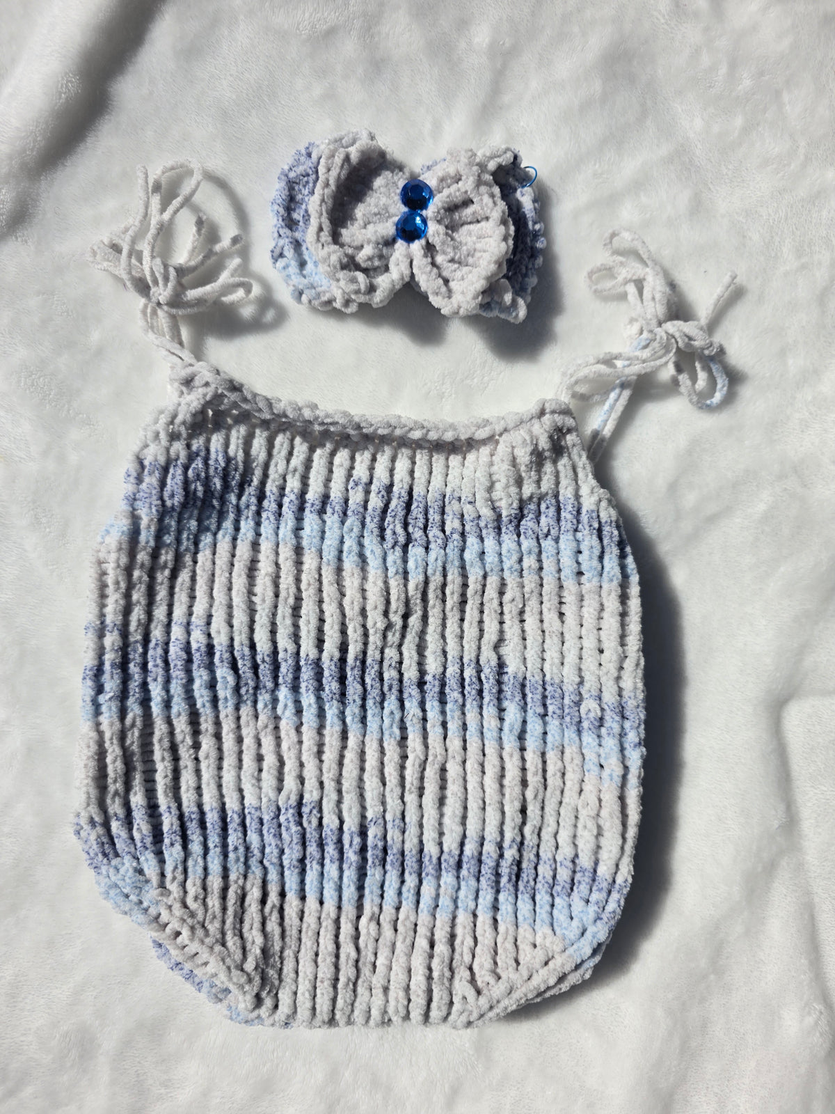 Stripped Baby Blue Velvet Romper with Double Bow set