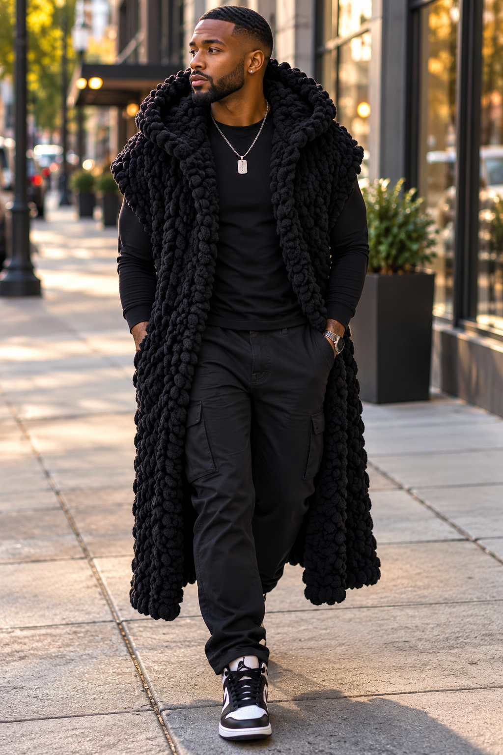 Black Sleeveless With Hood Full Length Chunky Knit Jacket