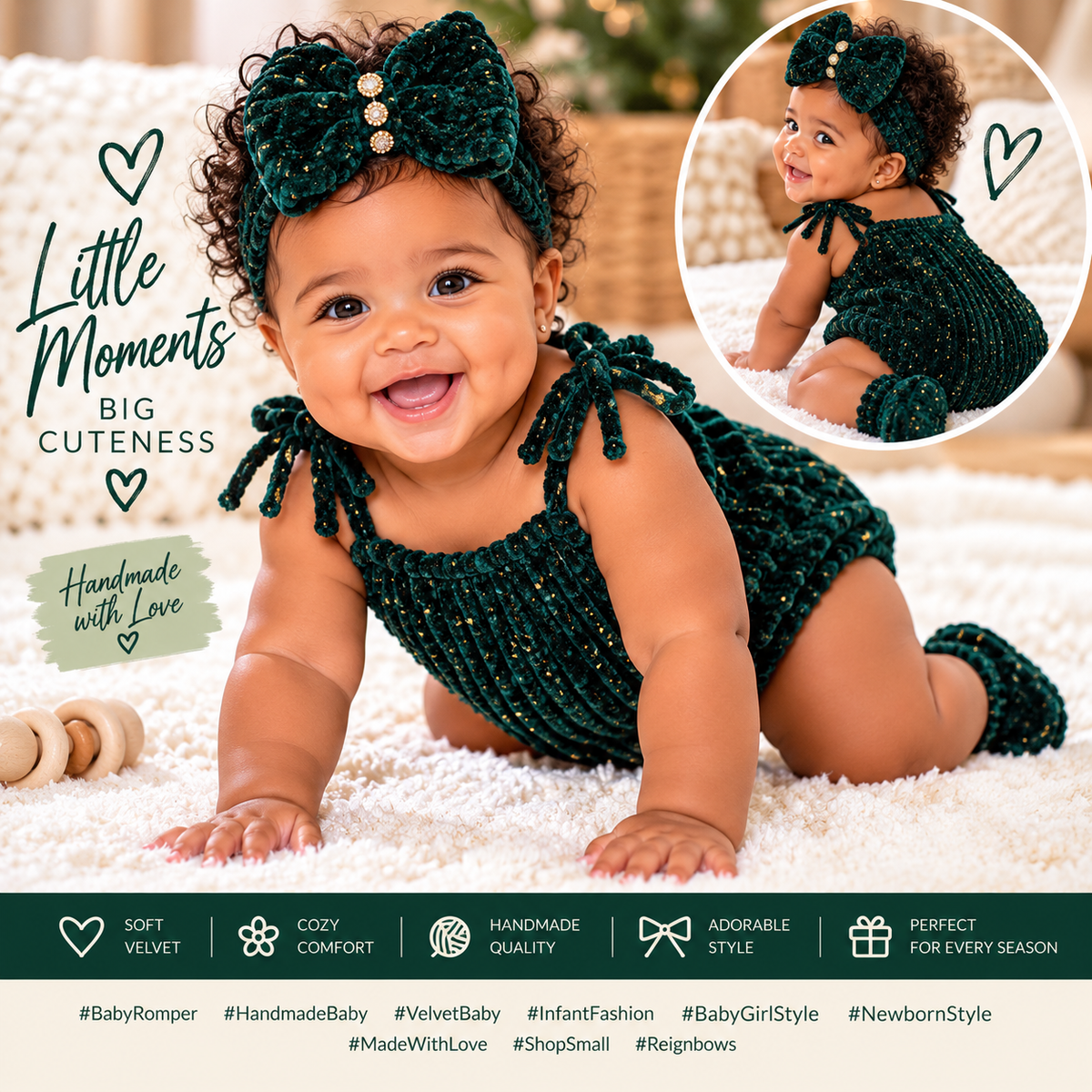 Velvet Green Sparkle Romper Bow and Bootie Set