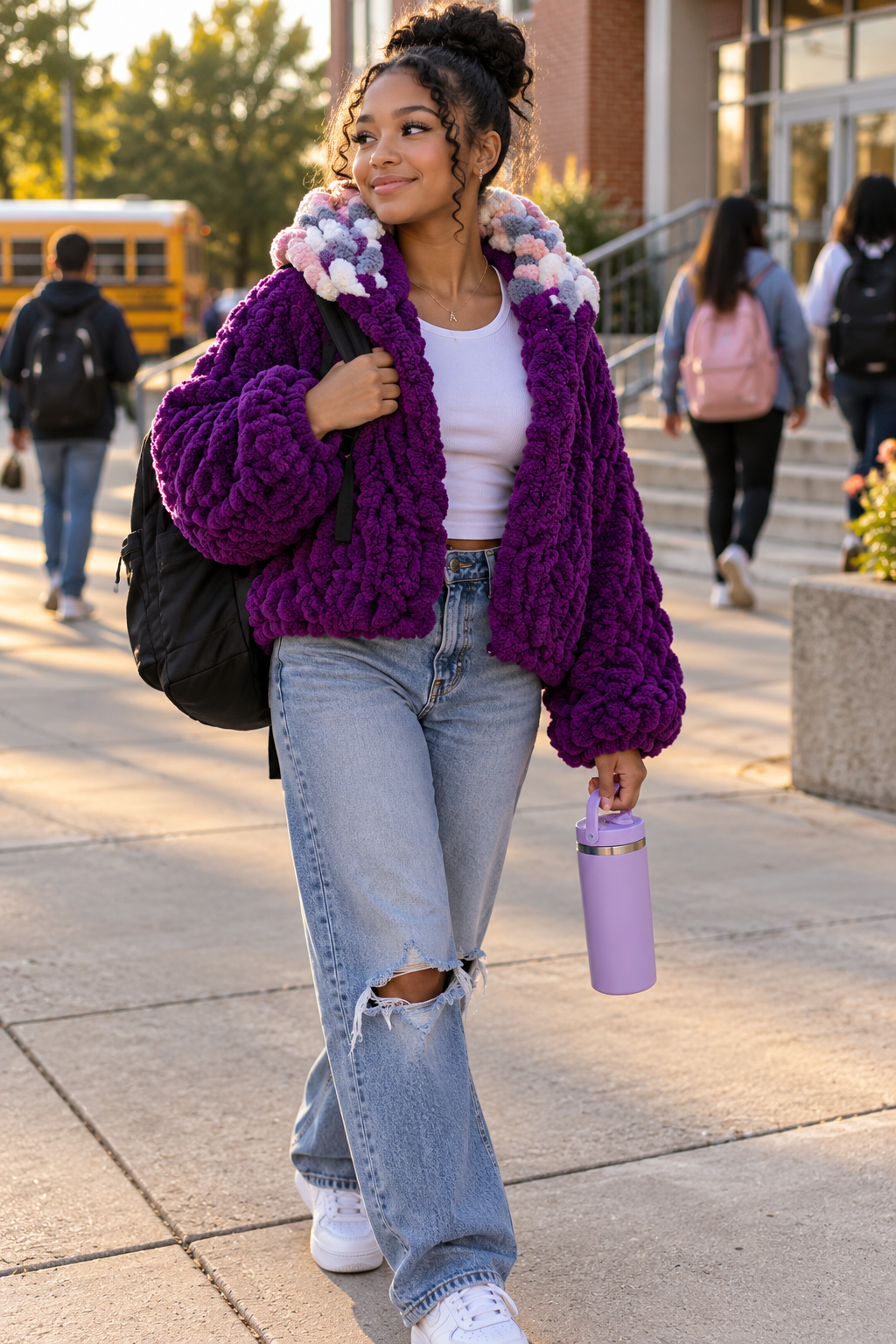 Purple Hooded Short Chunky Knit Jacket With Sleeves