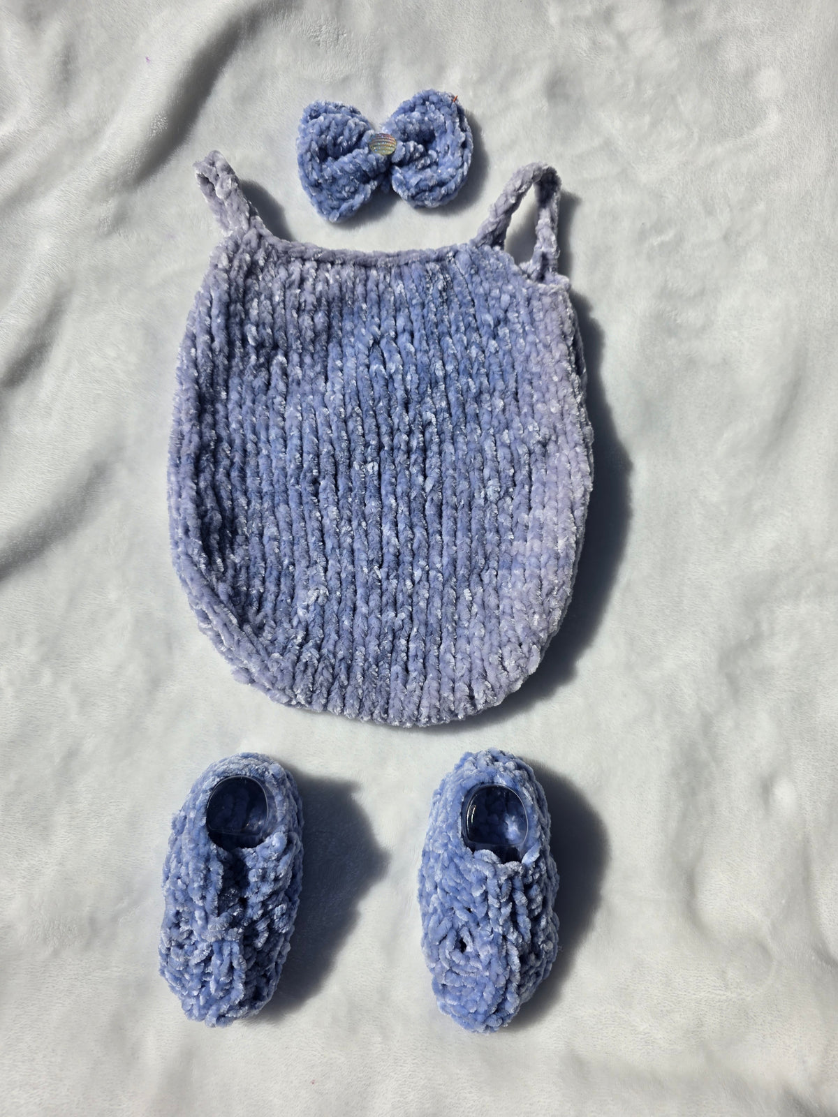 Ice Blue Velvet Romper Bow and Booties