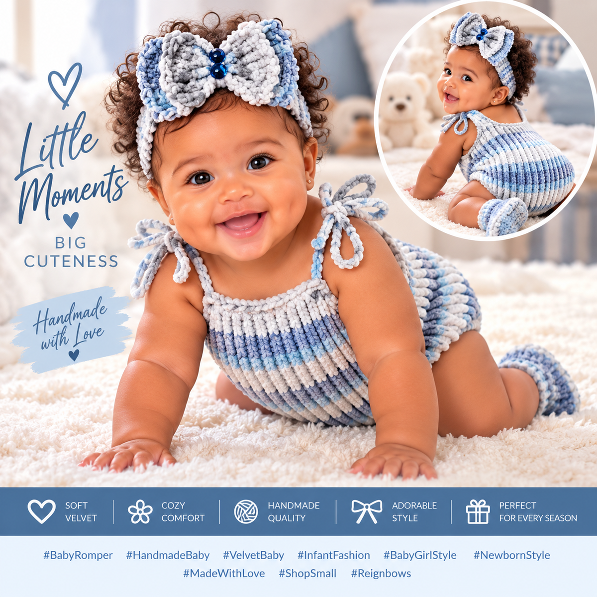 Stripped Baby Blue Velvet Romper with Double Bow set